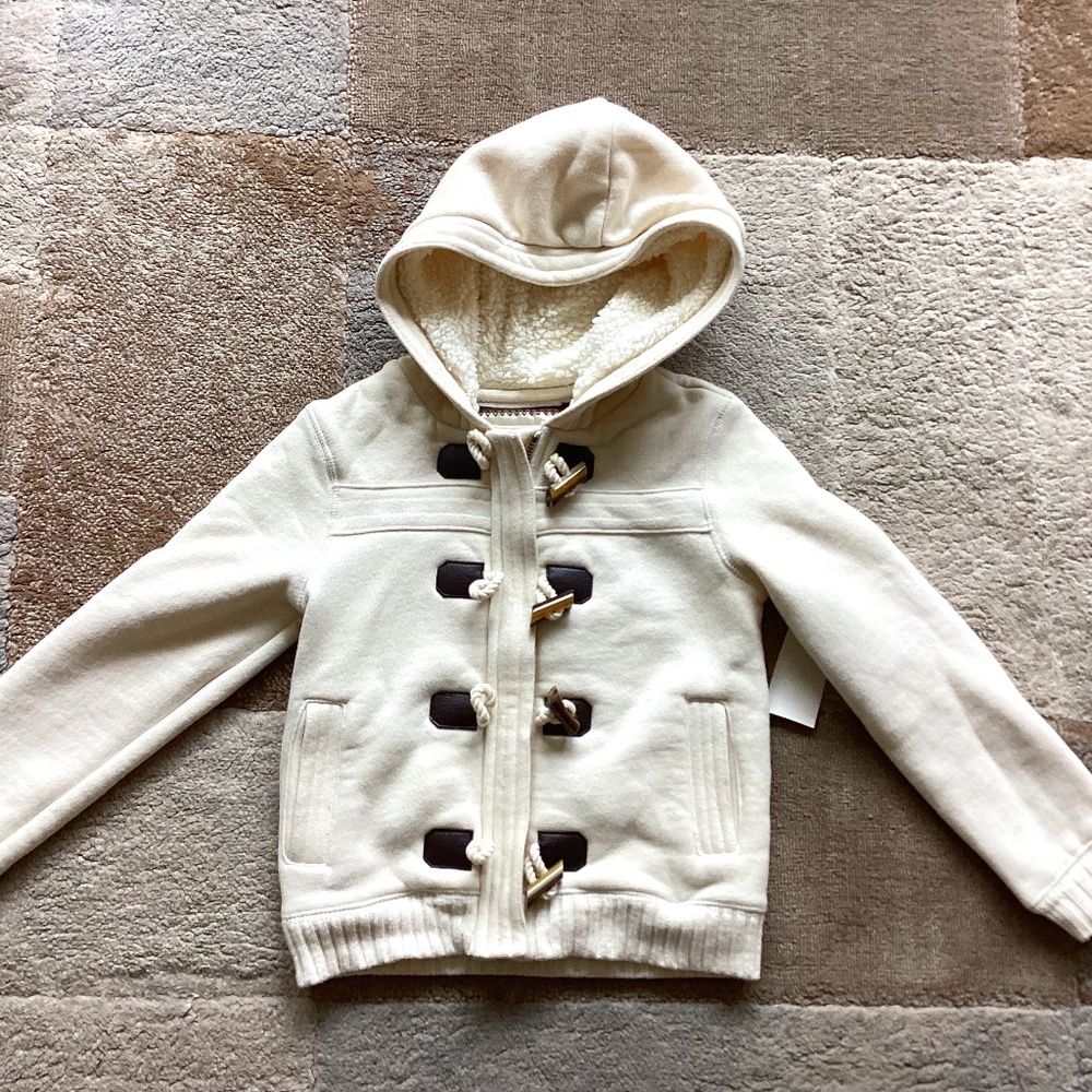 NEW OLD NAVY GIRLS CREAM COLOR FLEECE ZIPPED JACKET W SHERPA HOODY XS